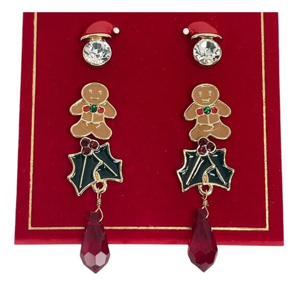 Gold Tone Xmas Crystal Earrings 3pc Set Gingerbread Man Santa Christmas Holidays - Picture 1 of 11